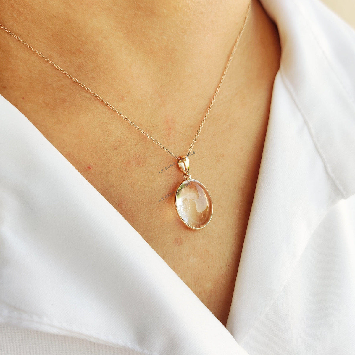 14K Solid Yellow Gold Natural Clear Quartz Bezel Pendant, April Birthstone