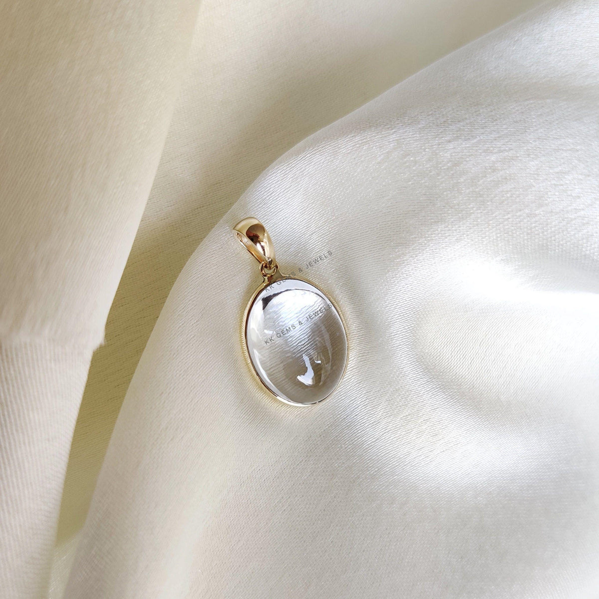 14K Solid Yellow Gold Natural Clear Quartz Bezel Pendant, April Birthstone