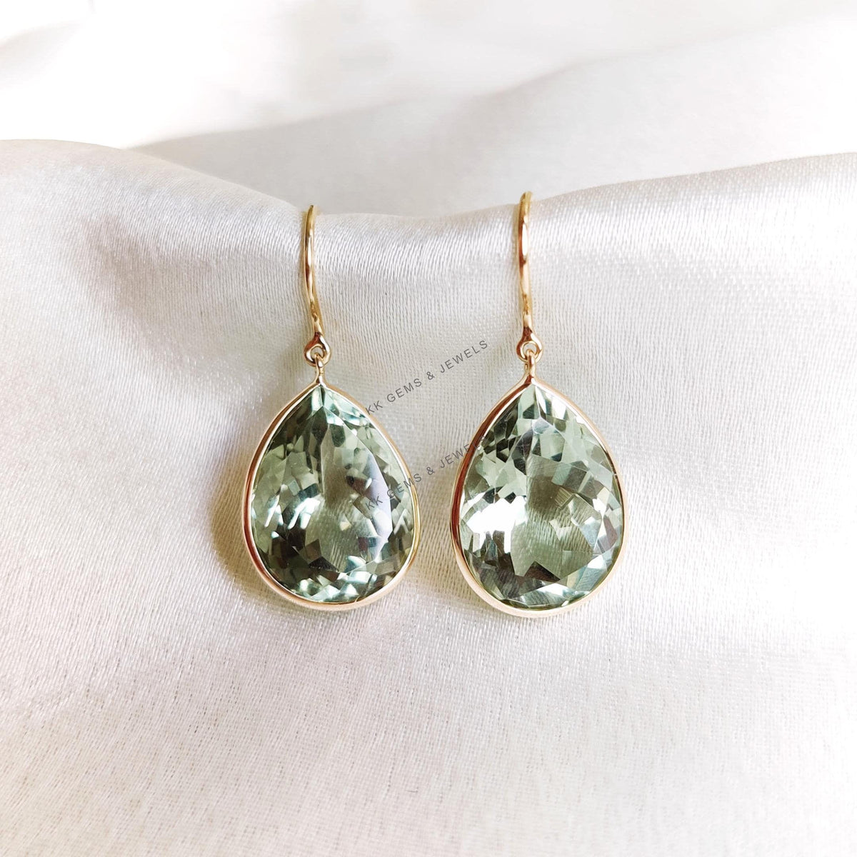 Pear Cut Natural Green Amethyst Earrings, 14K Solid Yellow Gold, February Birthstone