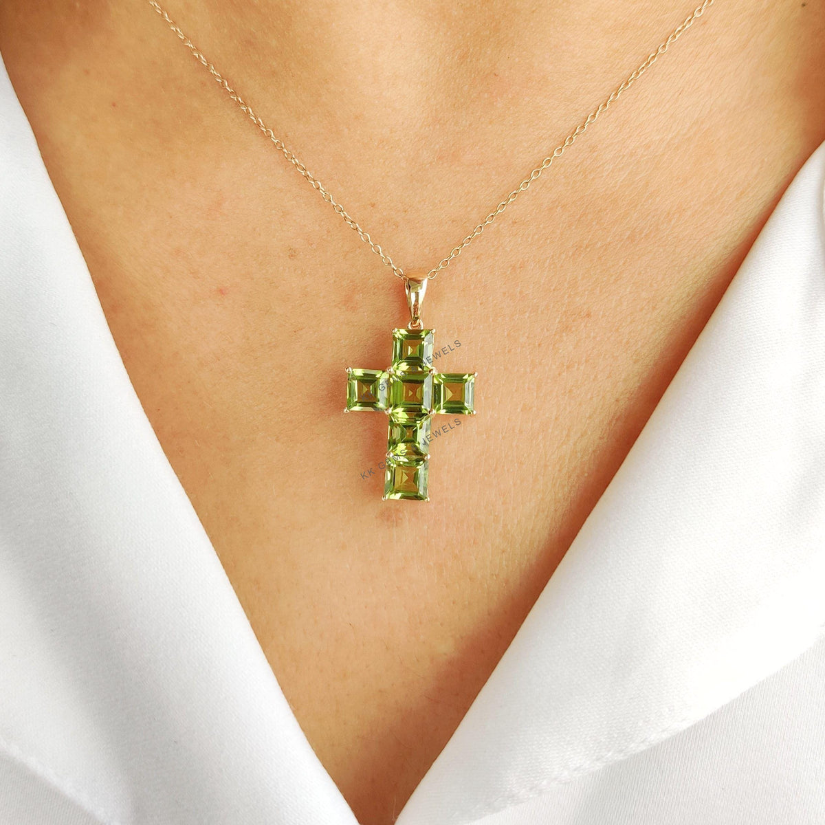 14K Solid Yellow Gold Natural Peridot Cross Pendant, August Birthstone, Christmas Present