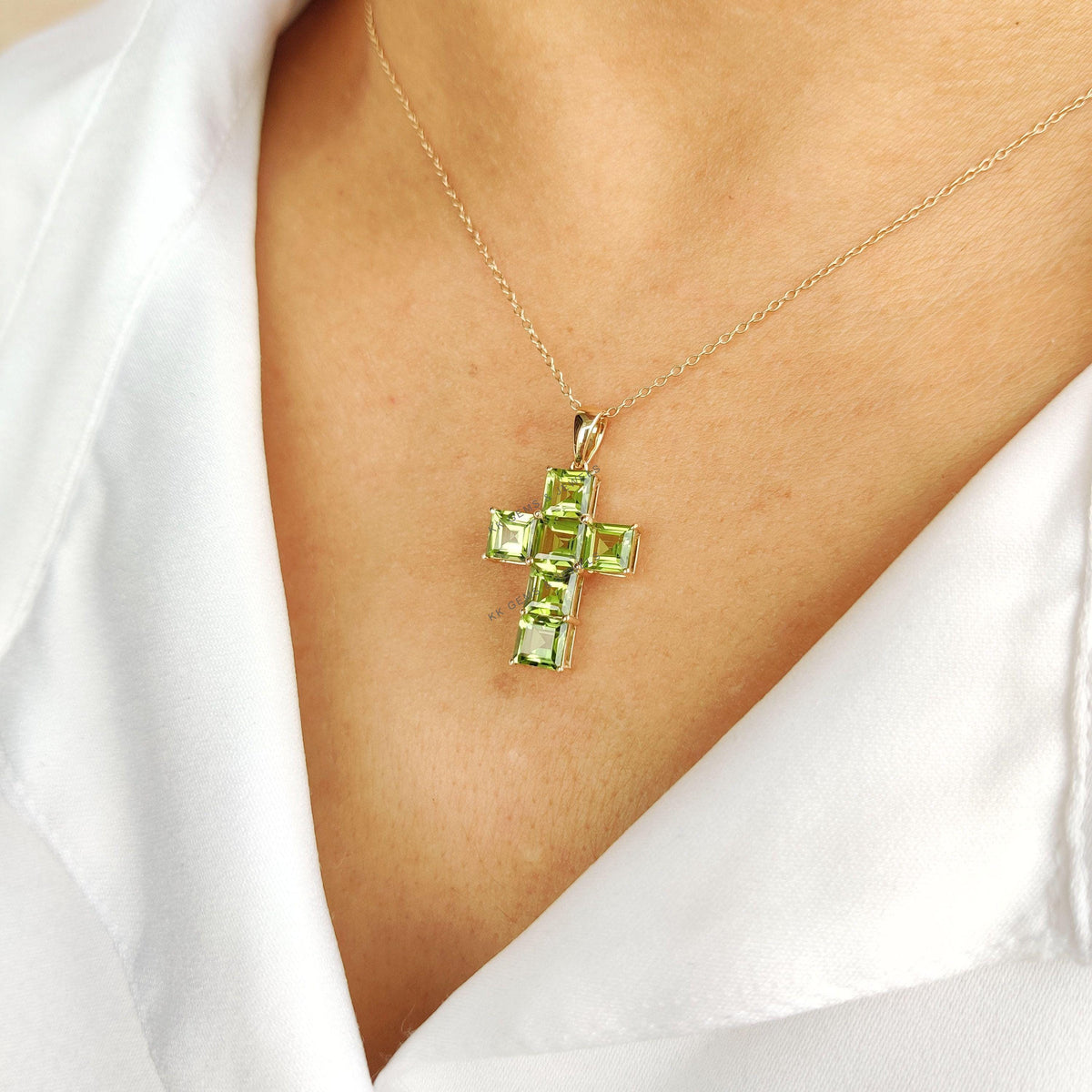 14K Solid Yellow Gold Natural Peridot Cross Pendant, August Birthstone, Christmas Present