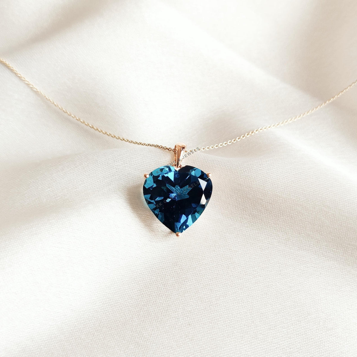 14K Solid Gold Natural London Blue Topaz Heart Pendant - December Birthstone