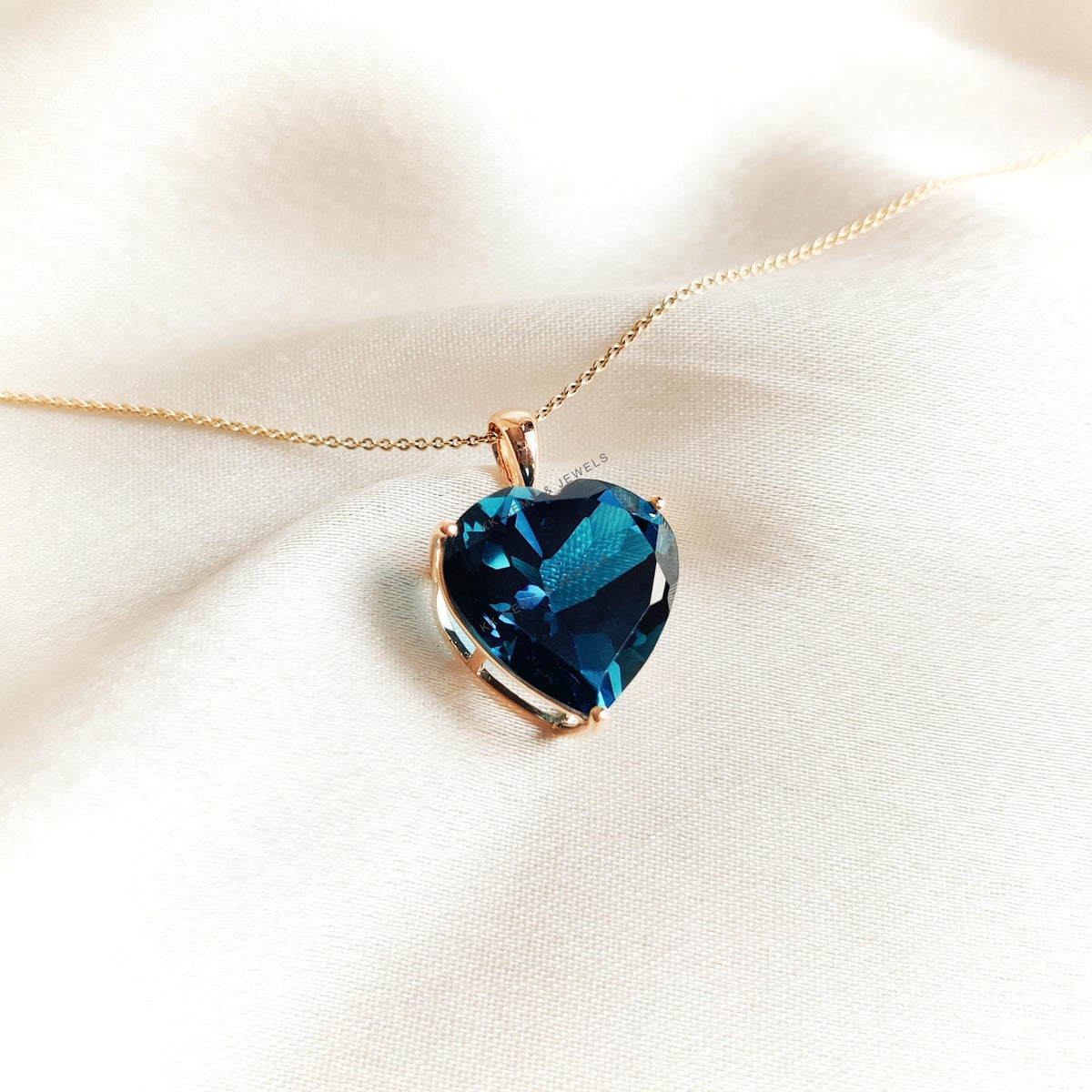 14K Solid Gold Natural London Blue Topaz Heart Pendant - December Birthstone