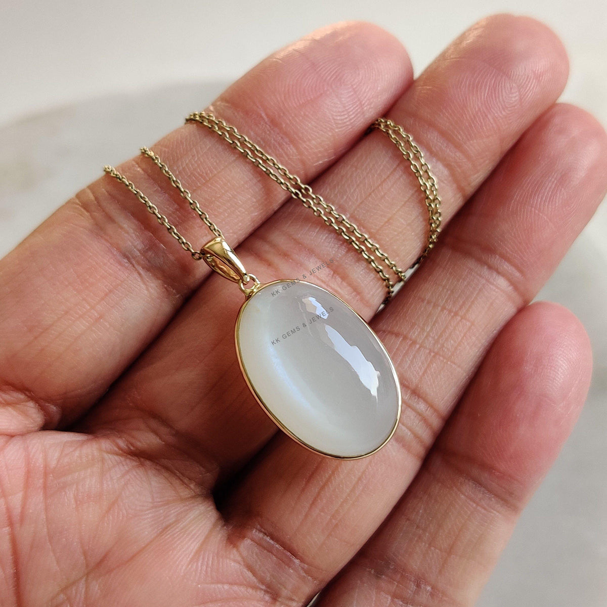 14K Solid Yellow Gold Oval Natural White Moonstone Pendant, June Birthstone