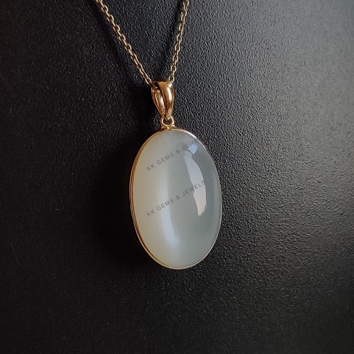 14K Solid Yellow Gold Oval Natural White Moonstone Pendant, June Birthstone