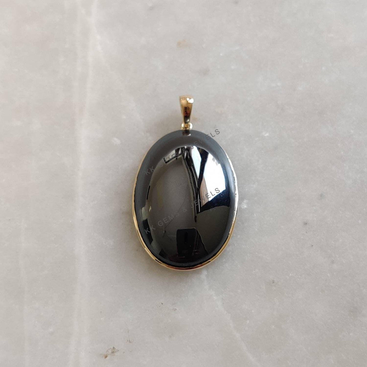 14K Solid Gold Oval Natural Hematite Pendant, Bezel Set, Christmas Present
