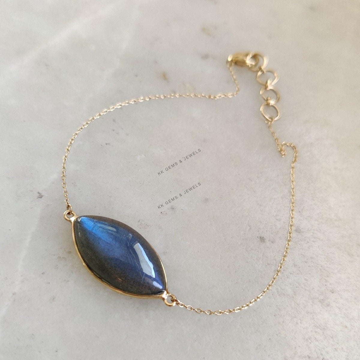 14K Solid Yellow Gold Natural Labradorite Chain Bracelet, Dainty Gemstone