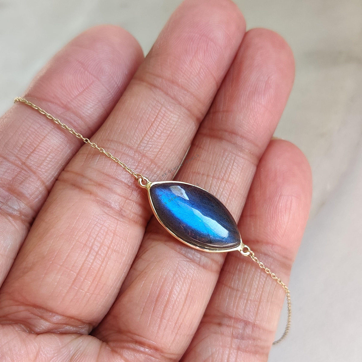 14K Solid Yellow Gold Natural Labradorite Chain Bracelet, Dainty Gemstone