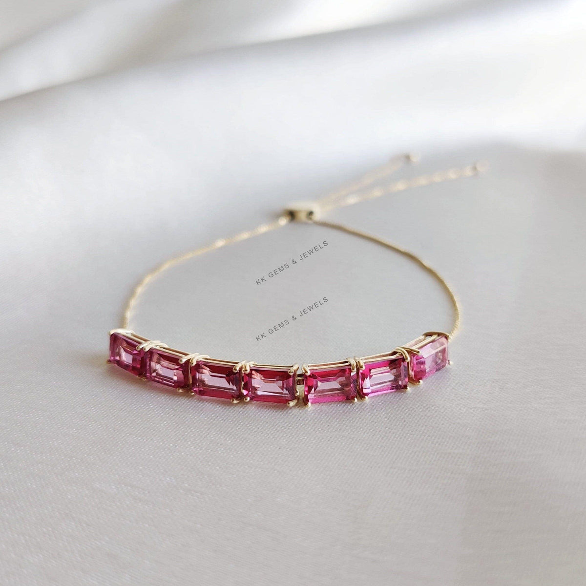 14K Solid Gold Natural Pink Topaz Bolo Chain Bracelet, Octagon Bracelet
