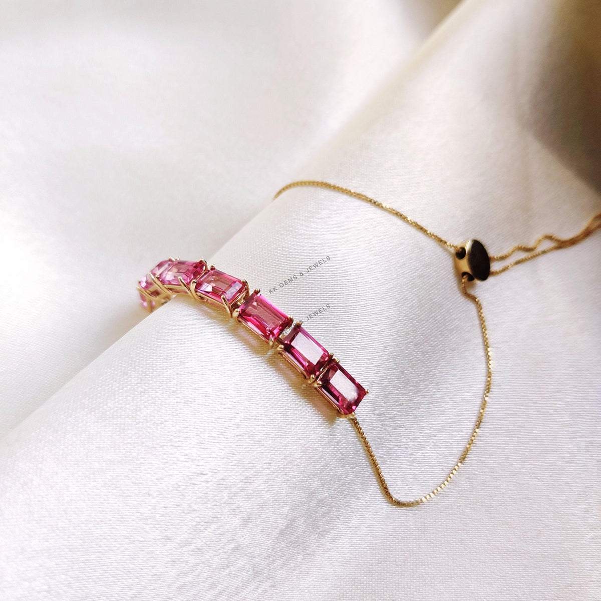 14K Solid Gold Natural Pink Topaz Bolo Chain Bracelet, Octagon Bracelet