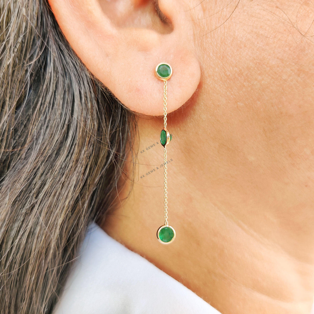 14K Solid Yellow Gold Natural Emerald Drop Earrings, May Birthstone Danglers, Christmas Present