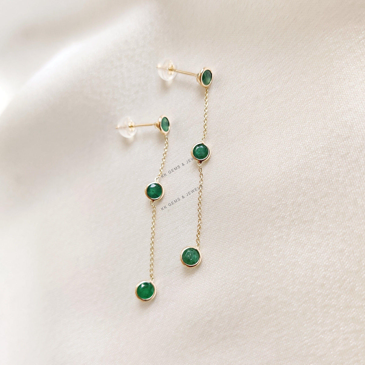 14K Solid Yellow Gold Natural Emerald Drop Earrings, May Birthstone Danglers, Christmas Present