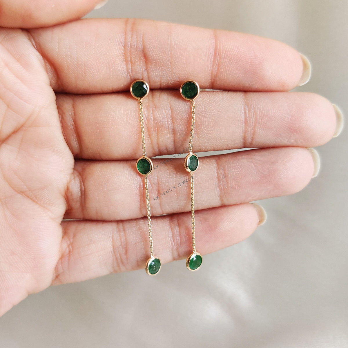 14K Solid Yellow Gold Natural Emerald Drop Earrings, May Birthstone Danglers, Christmas Present