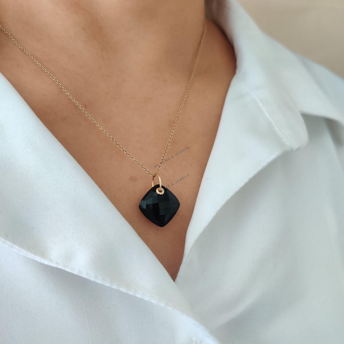 14K Solid Gold Natural Black Onyx Pendant: Square Cushion Cut, December Birthstone