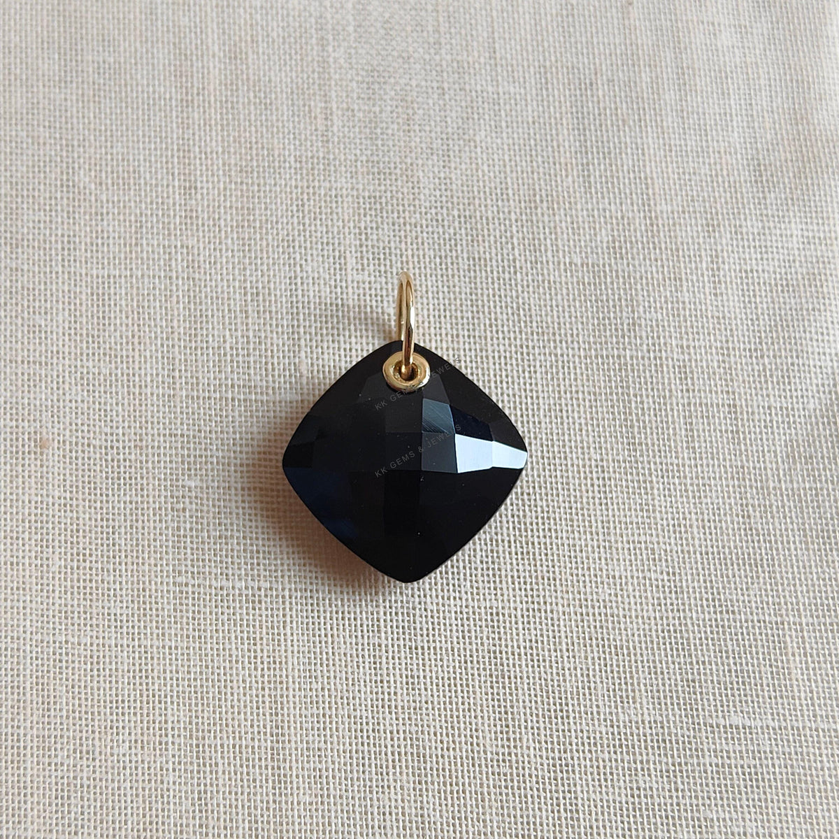 14K Solid Gold Natural Black Onyx Pendant: Square Cushion Cut, December Birthstone