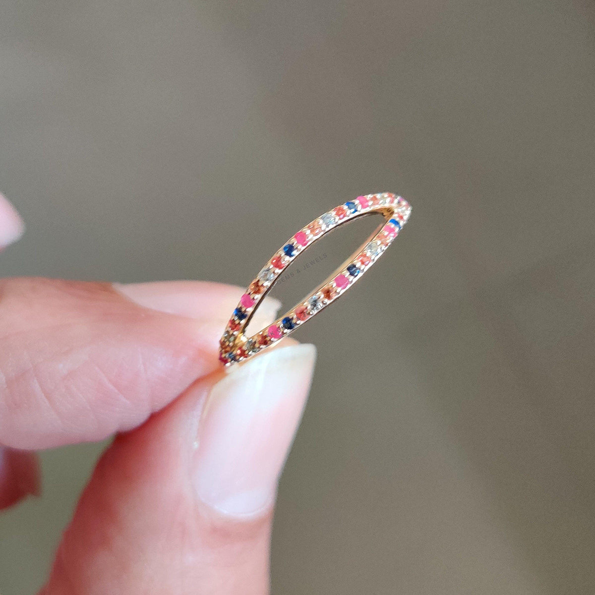 14K Solid Yellow Gold Natural Multi Sapphire Ring, September Birthstone Jewelry