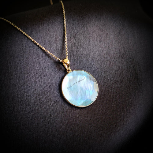14K Solid Gold Natural Mother of Pearl Pendant - June Birthstone, Christmas Gift