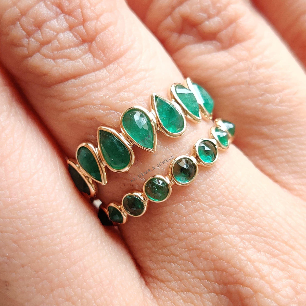 Natural Emerald & Diamond Ring, 14K Solid Yellow Gold, Half Eternity Ring