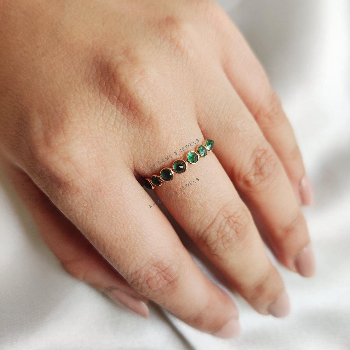Natural Emerald & Diamond Ring, 14K Solid Yellow Gold, Half Eternity Ring
