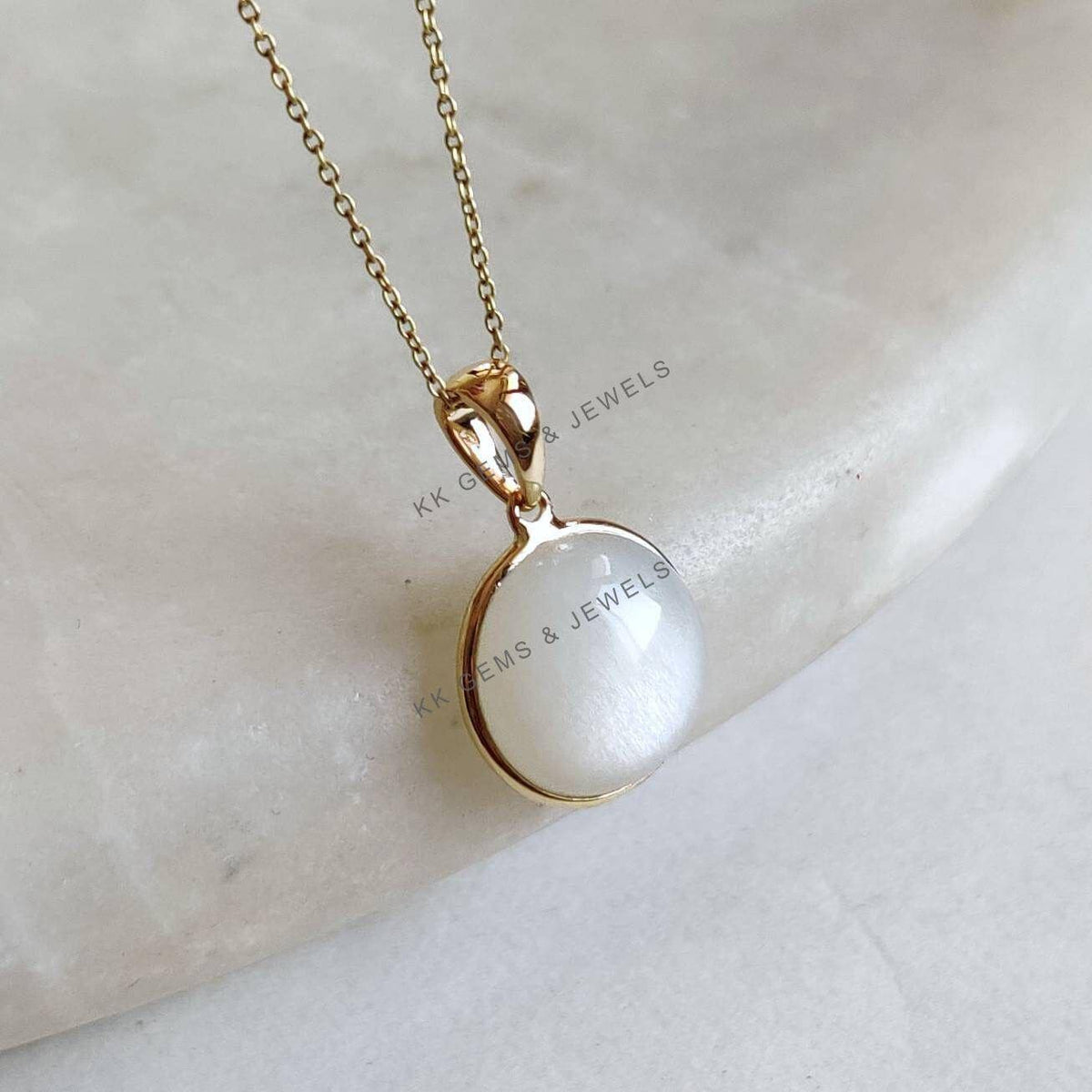 14K Solid Yellow Gold Natural White Moonstone Pendant, June Birthstone