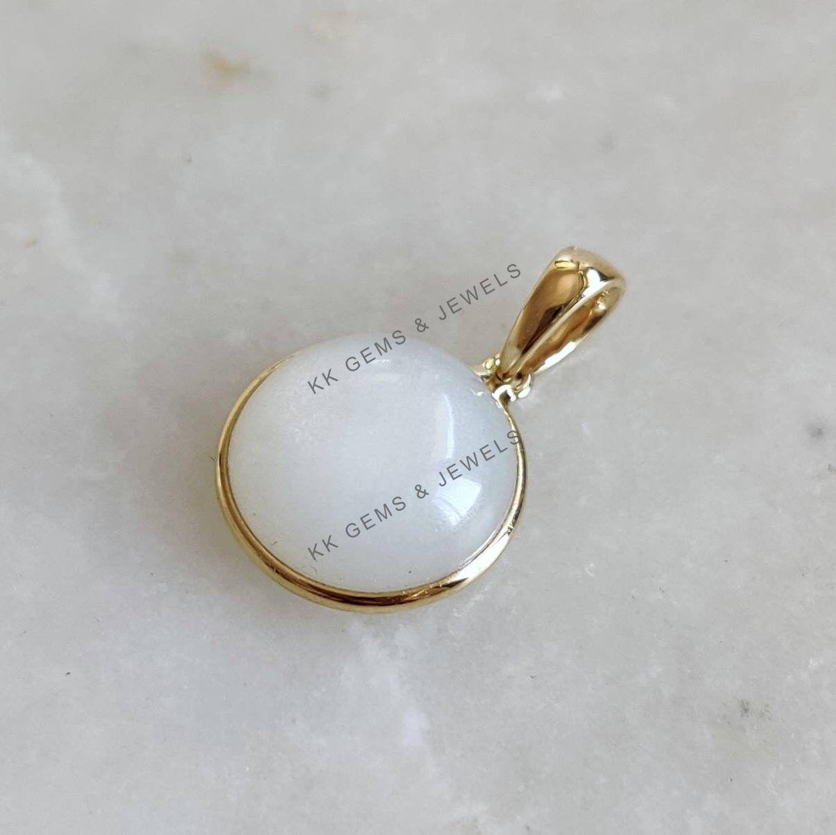 14K Solid Yellow Gold Natural White Moonstone Pendant, June Birthstone