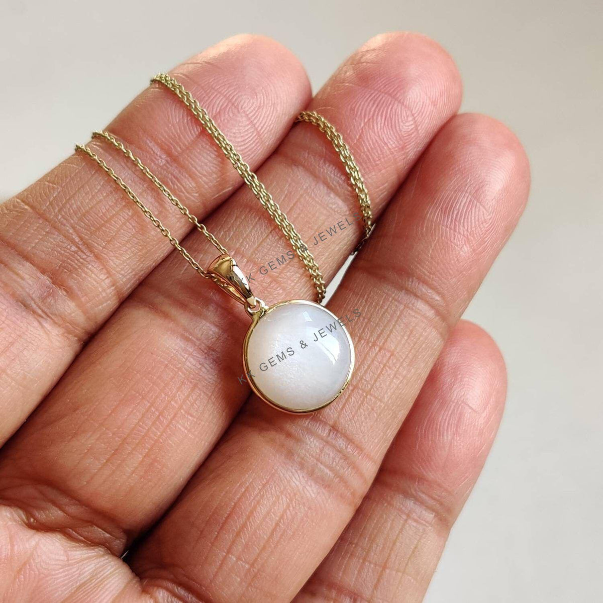 14K Solid Yellow Gold Natural White Moonstone Pendant, June Birthstone