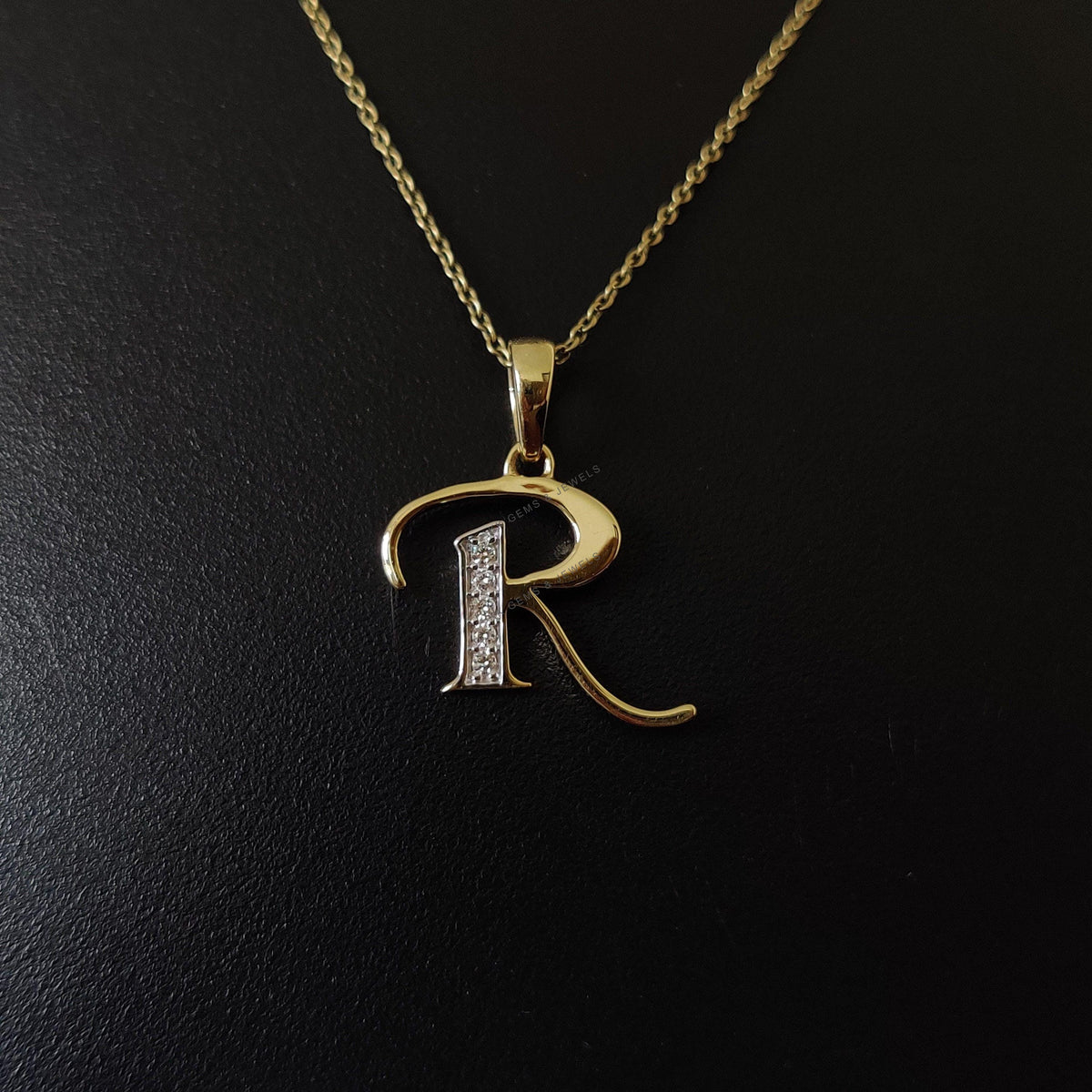 14K Solid Gold Initial R Diamond Pendant - Yellow Gold Charm