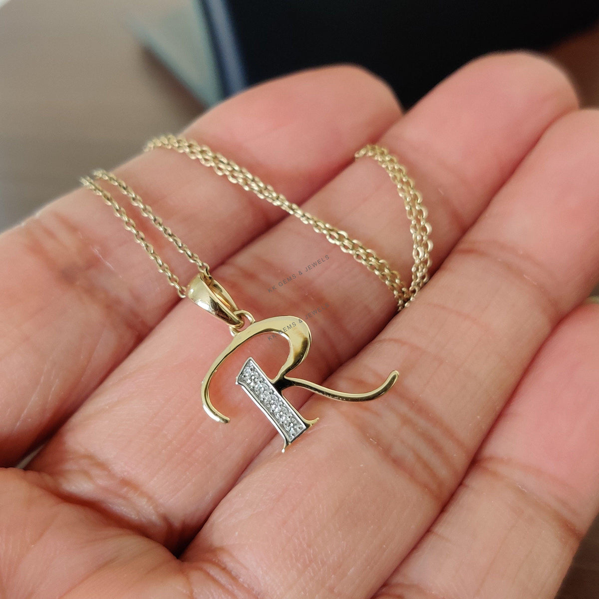 14K Solid Gold Initial R Diamond Pendant - Yellow Gold Charm
