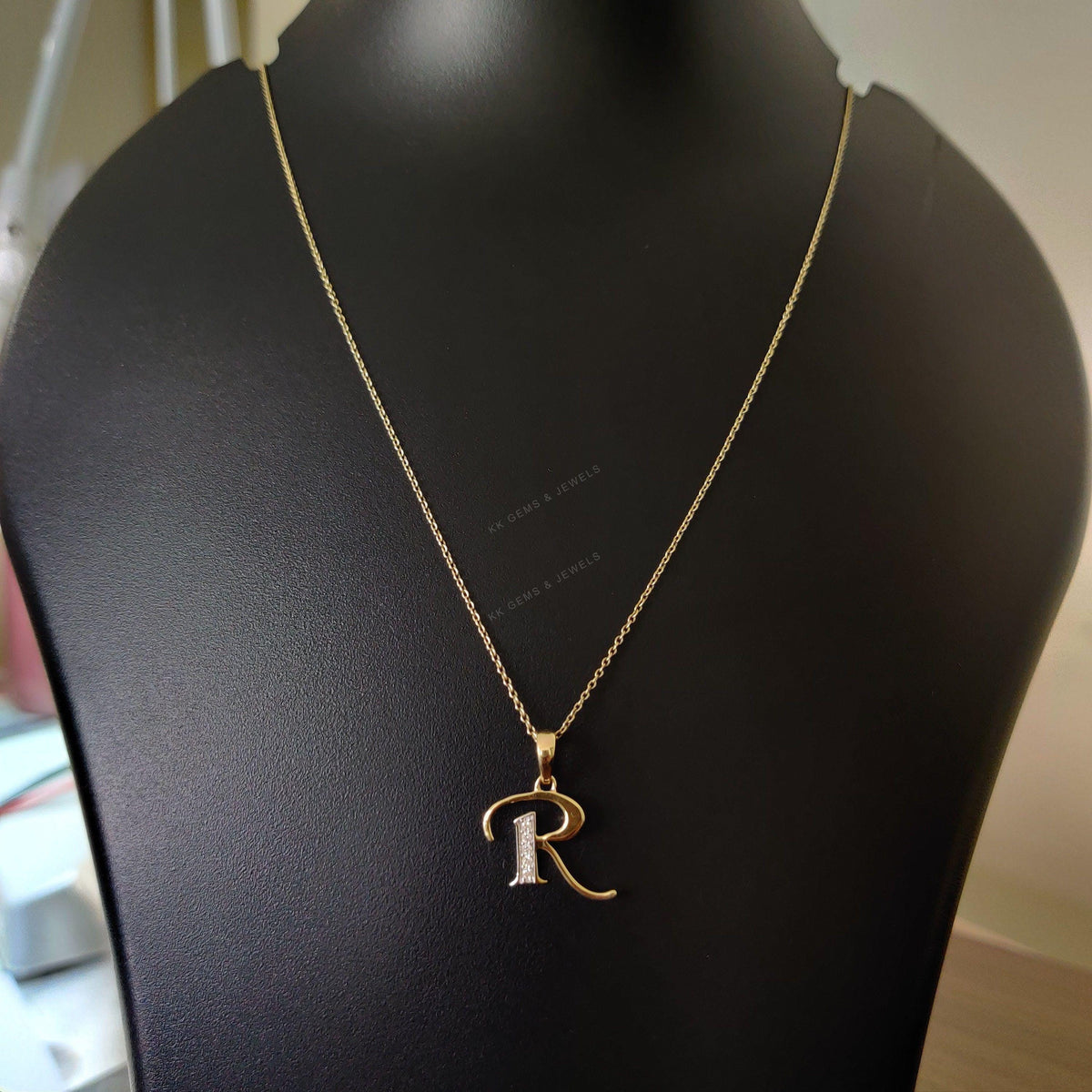 14K Solid Gold Initial R Diamond Pendant - Yellow Gold Charm