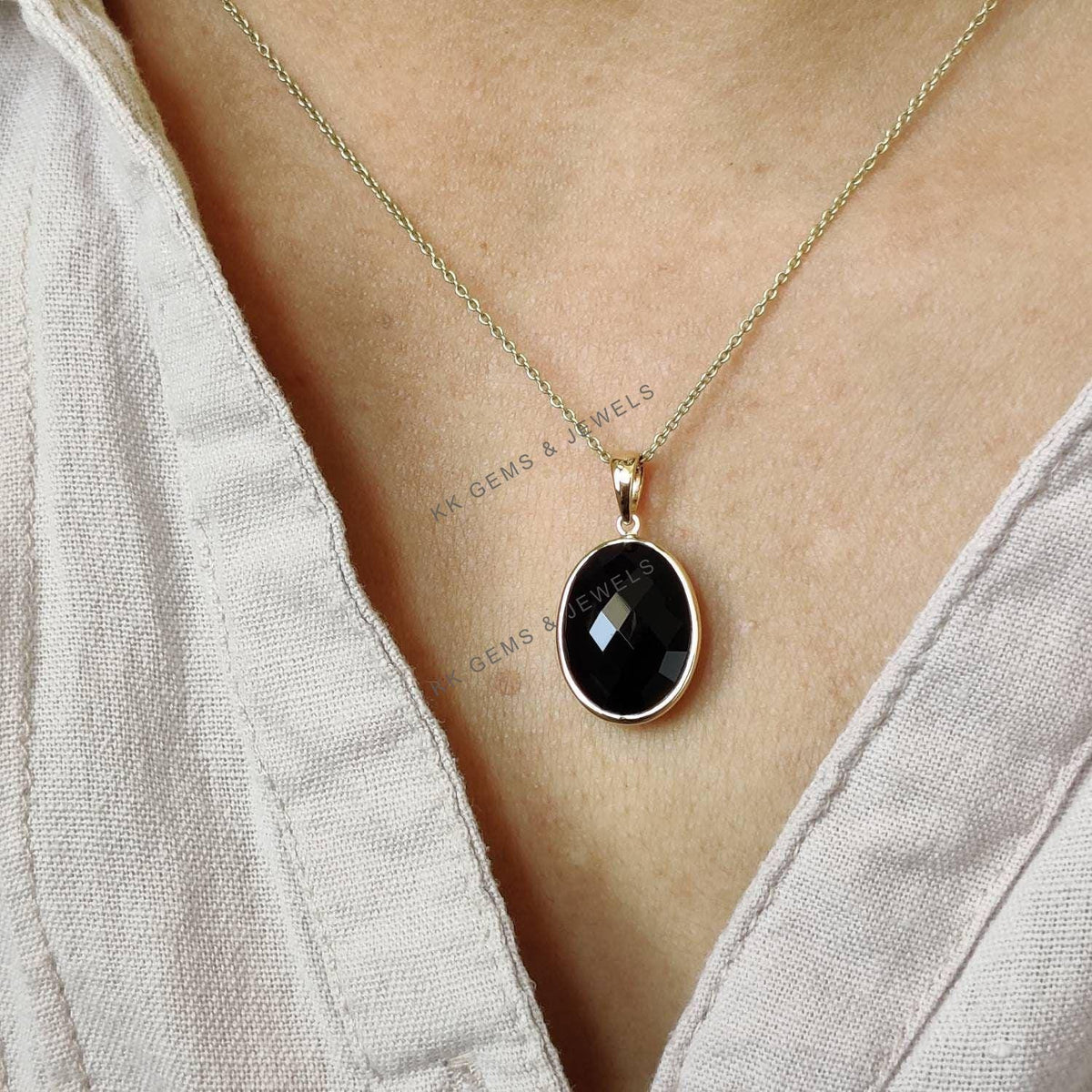 14K Solid Yellow Gold Natural Black Onyx Pendant Pendant, December Birthstone, Christmas Present
