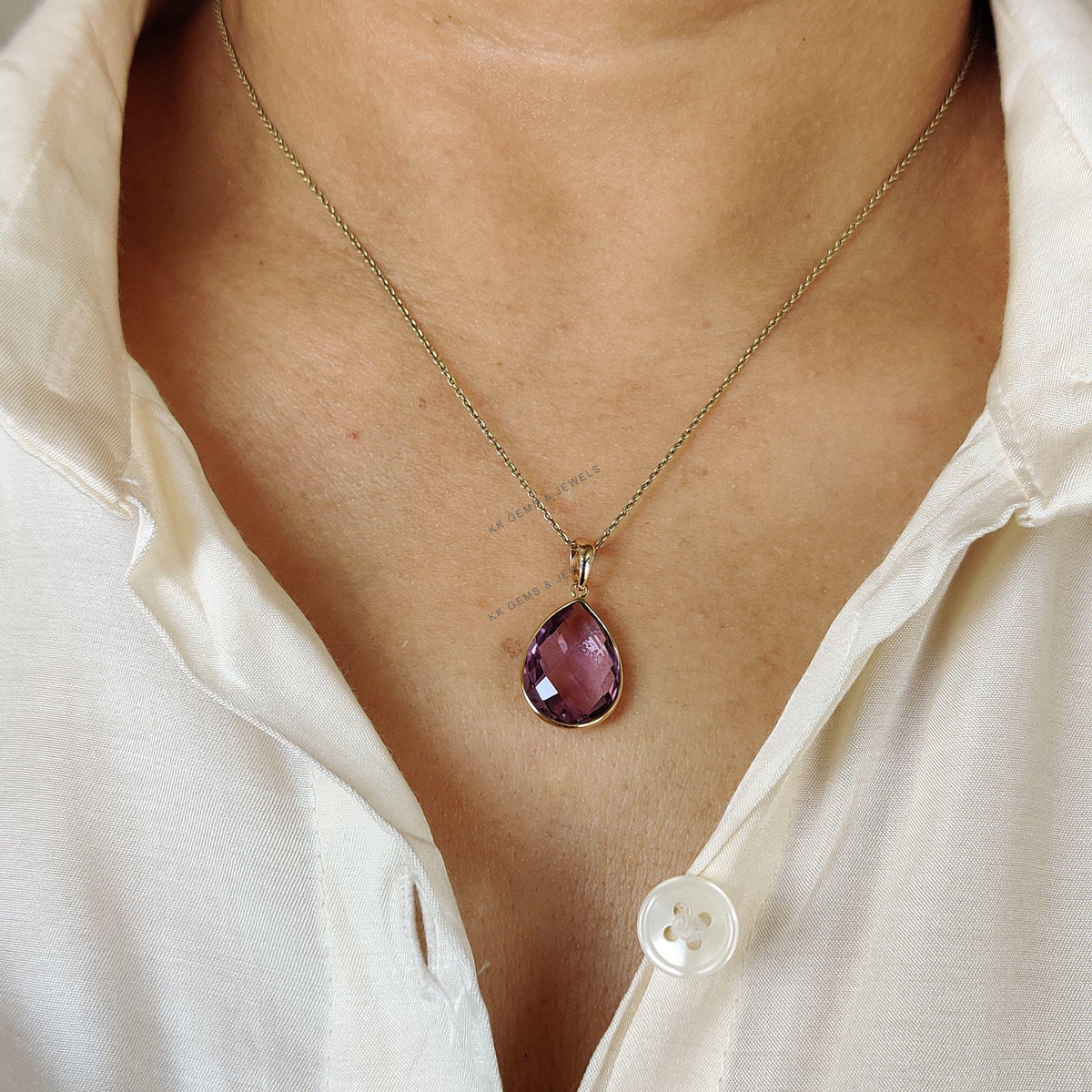 Natural Pink Amethyst Pendant, 14K Solid Yellow Gold, February Birthstone