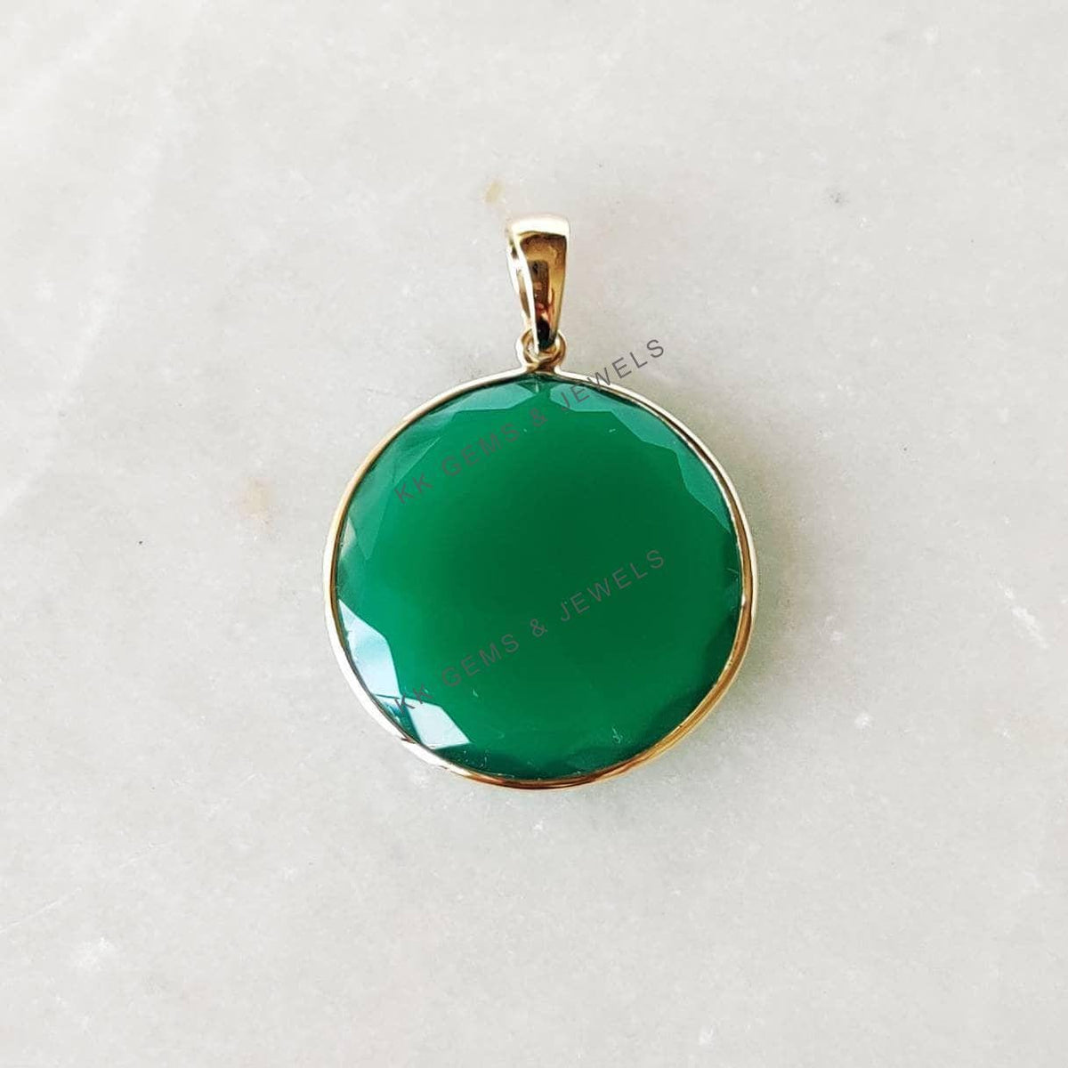 14K Solid Gold Natural Green Onyx Round Pendant, May Birthstone