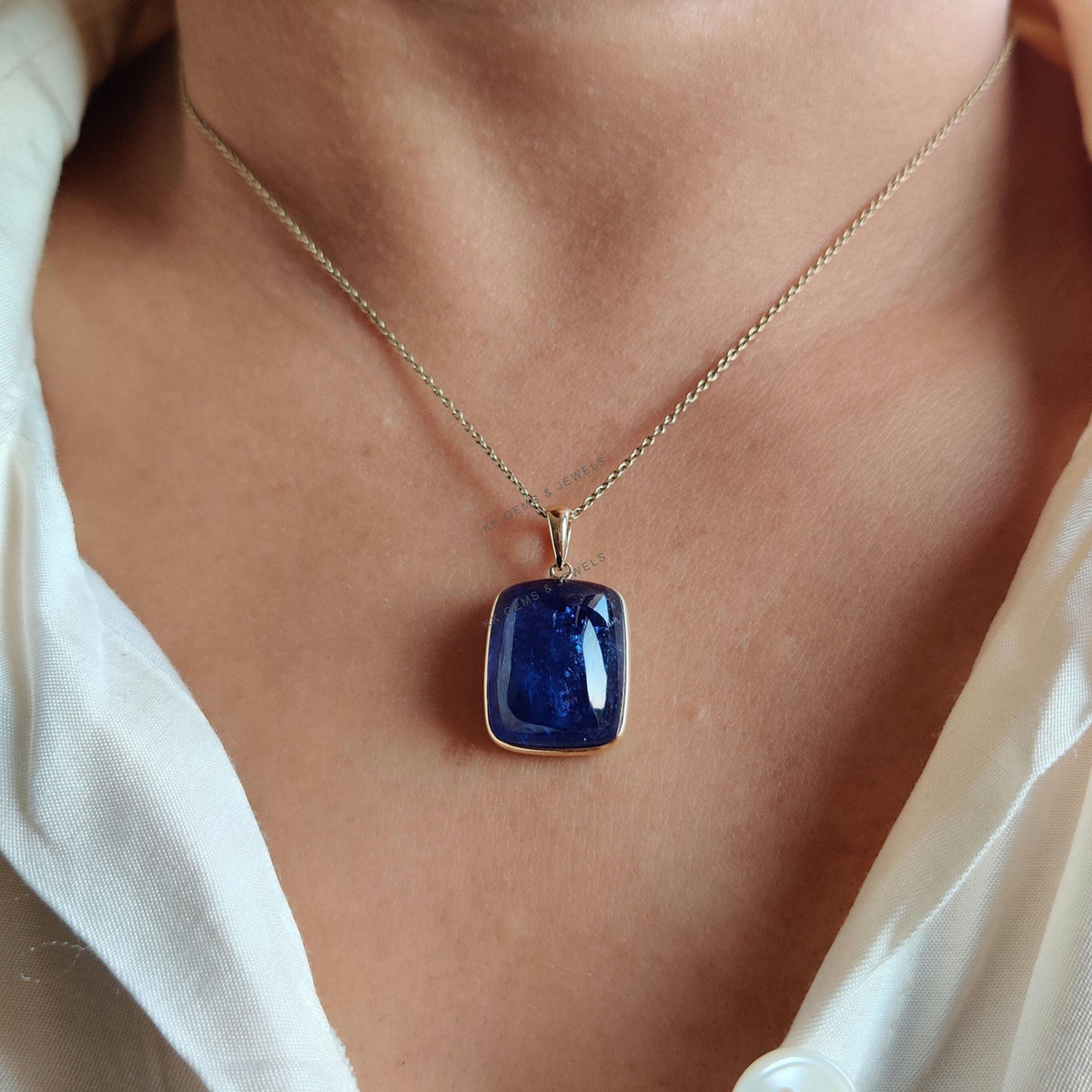 Natural Tanzanite Cushion Pendant, 14K Solid Yellow Gold, December Birthstone