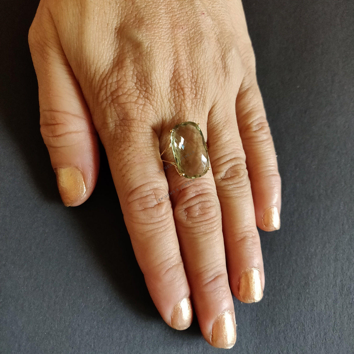 Natural Green Amethyst Ring, 14K Solid Yellow Gold, February Birthstone