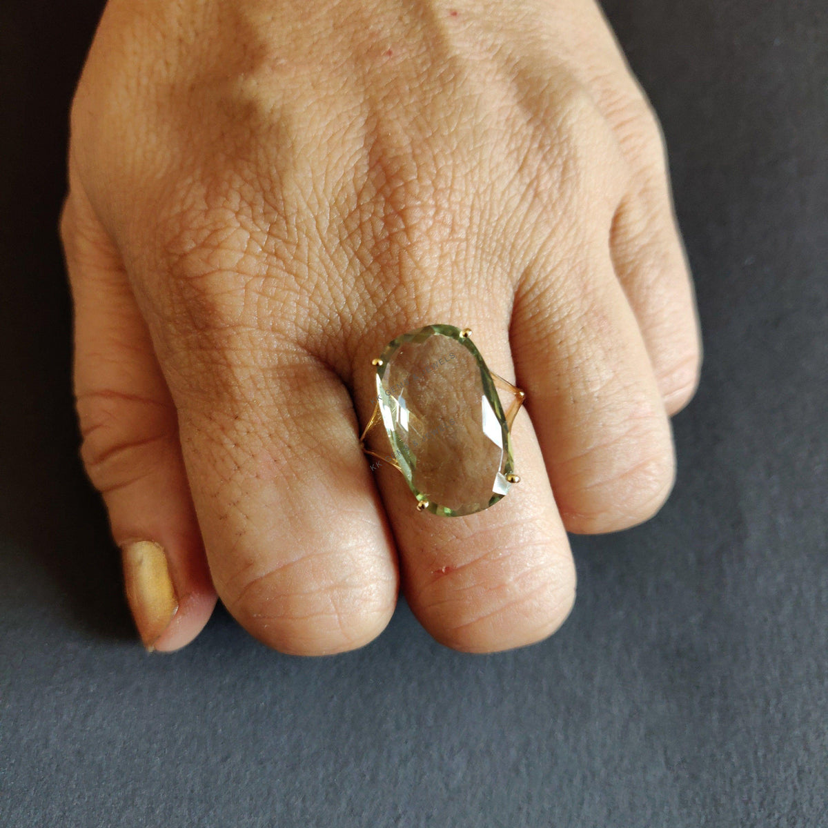 Natural Green Amethyst Ring, 14K Solid Yellow Gold, February Birthstone