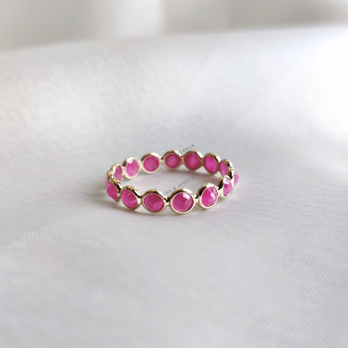 14K Solid Gold Natural Ruby Eternity Ring: July Birthstone Bezel Ring