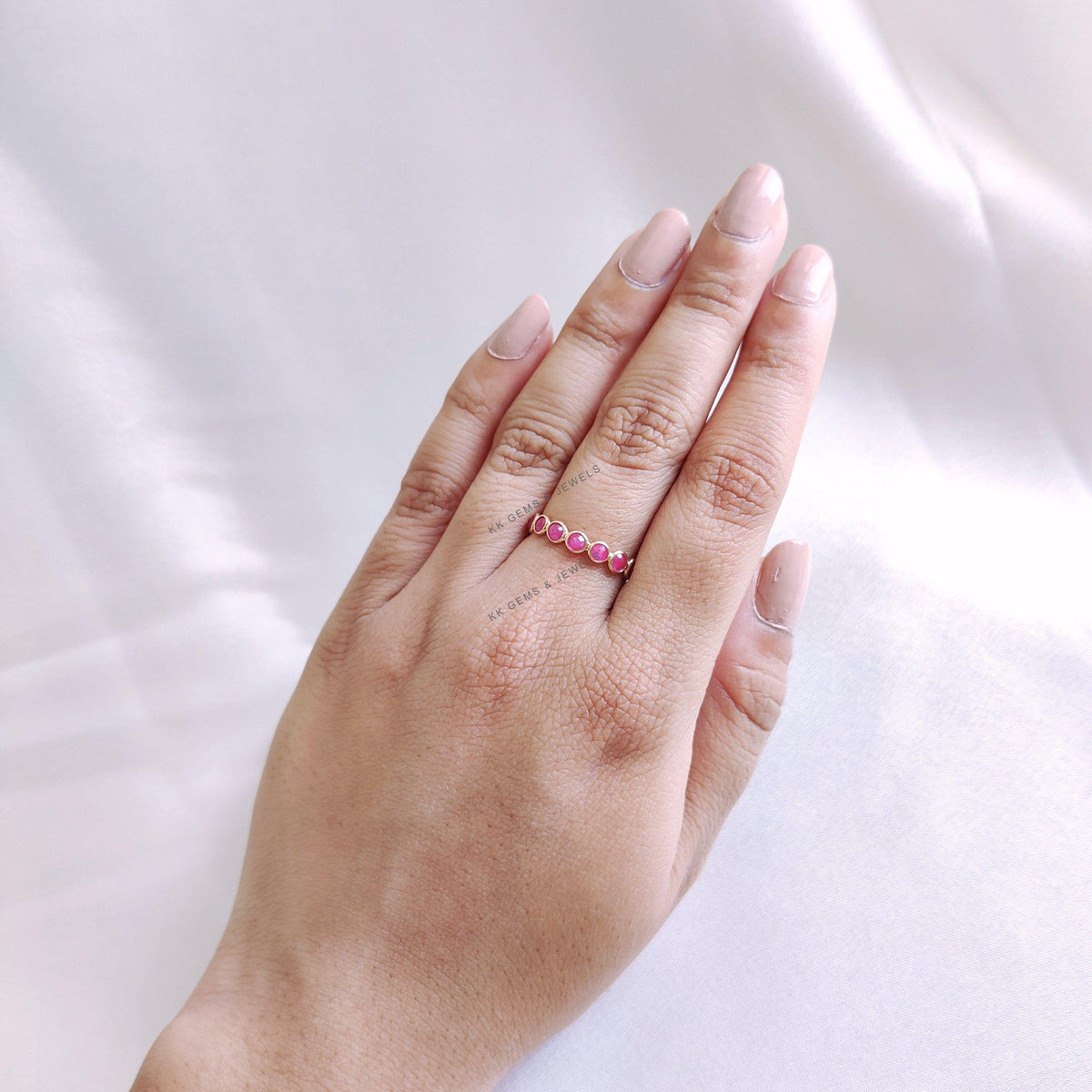 14K Solid Gold Natural Ruby Eternity Ring: July Birthstone Bezel Ring