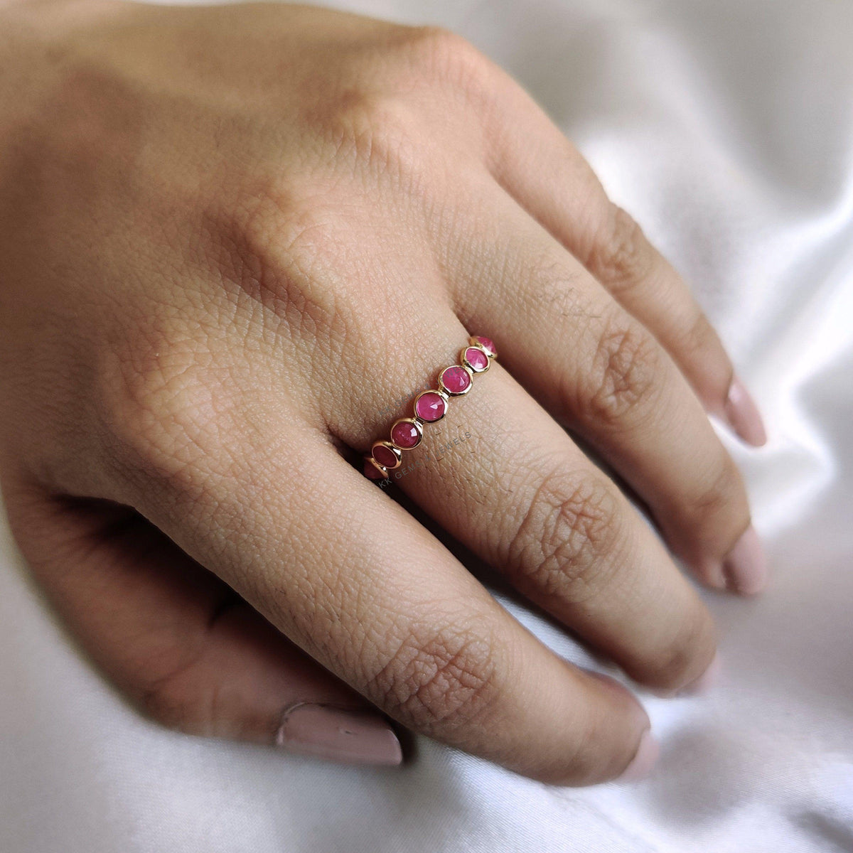 14K Solid Gold Natural Ruby Eternity Ring: July Birthstone Bezel Ring