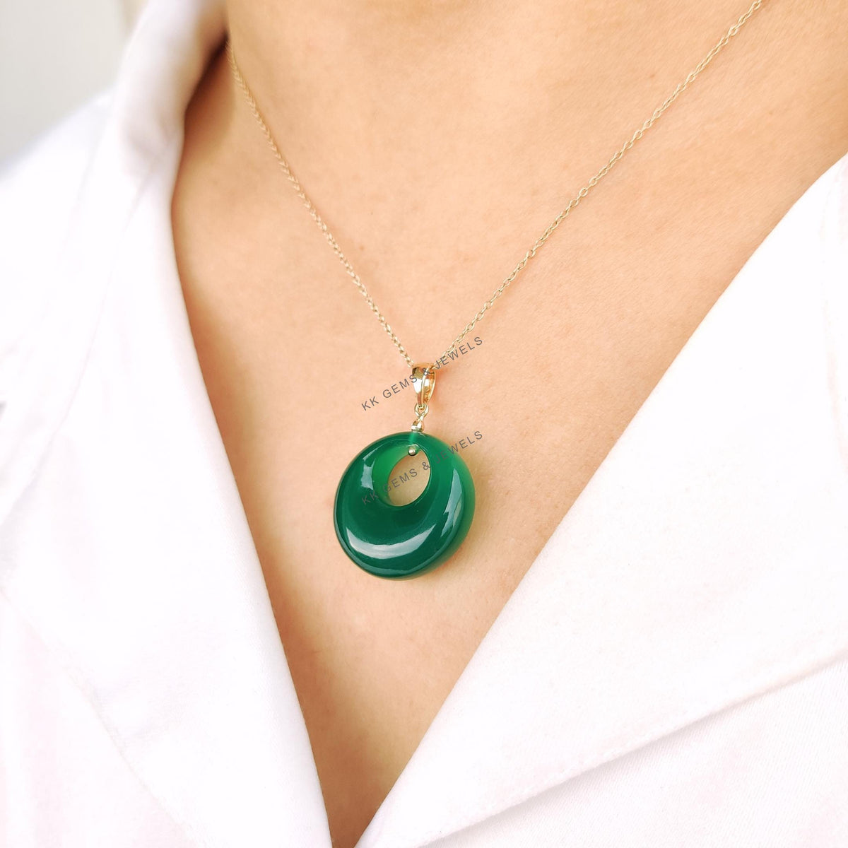 Natural Green Onyx Donut Pendant, 14K Solid Yellow Gold May Birthstone