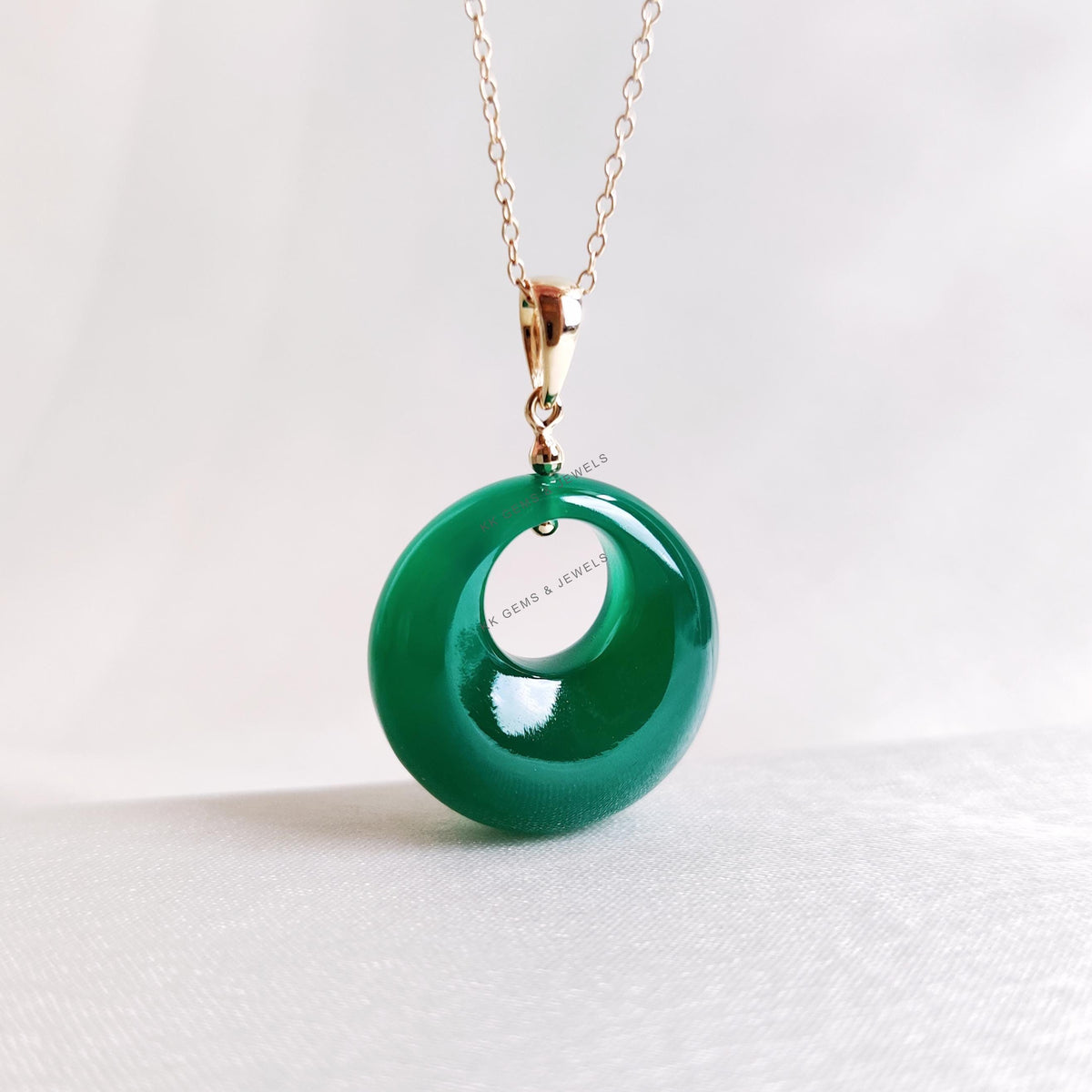 Natural Green Onyx Donut Pendant, 14K Solid Yellow Gold May Birthstone