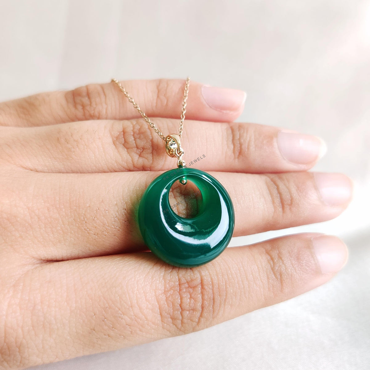 Natural Green Onyx Donut Pendant, 14K Solid Yellow Gold May Birthstone