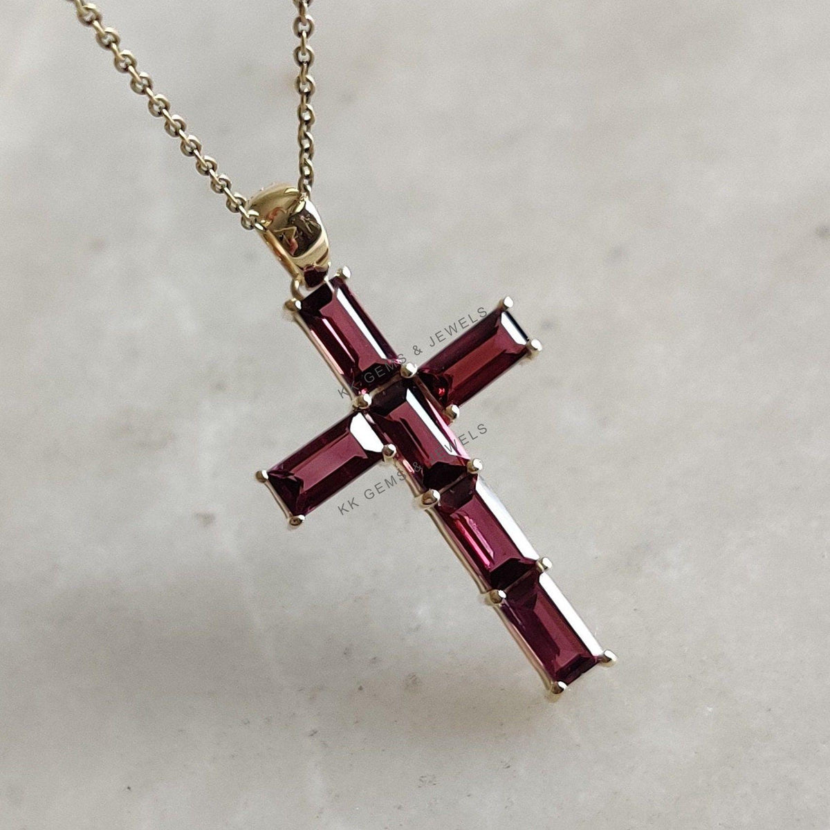 14K Solid Gold Natural Rhodolite Garnet Cross Pendant, January Birthstone, Christmas Gift