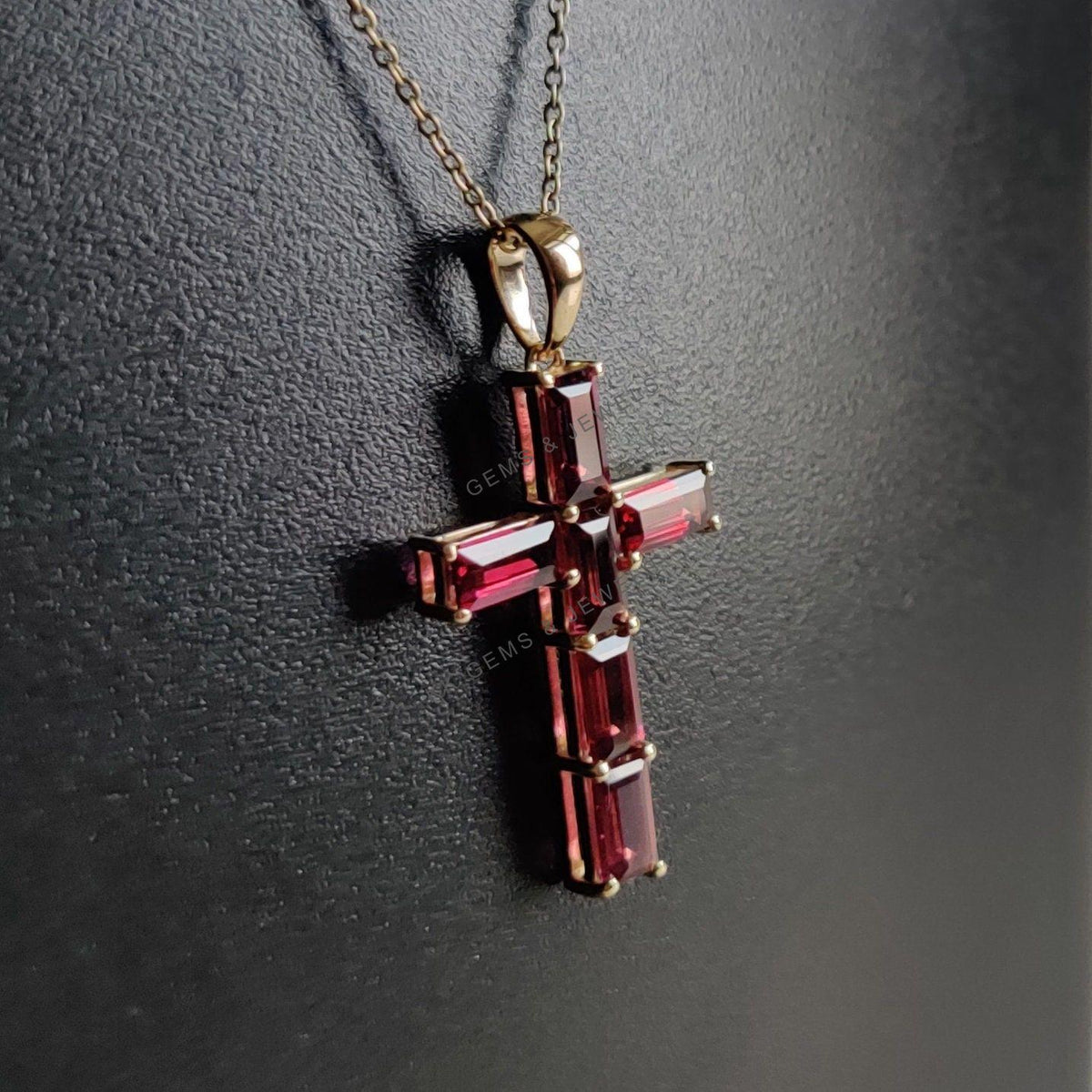 14K Solid Gold Natural Rhodolite Garnet Cross Pendant, January Birthstone, Christmas Gift