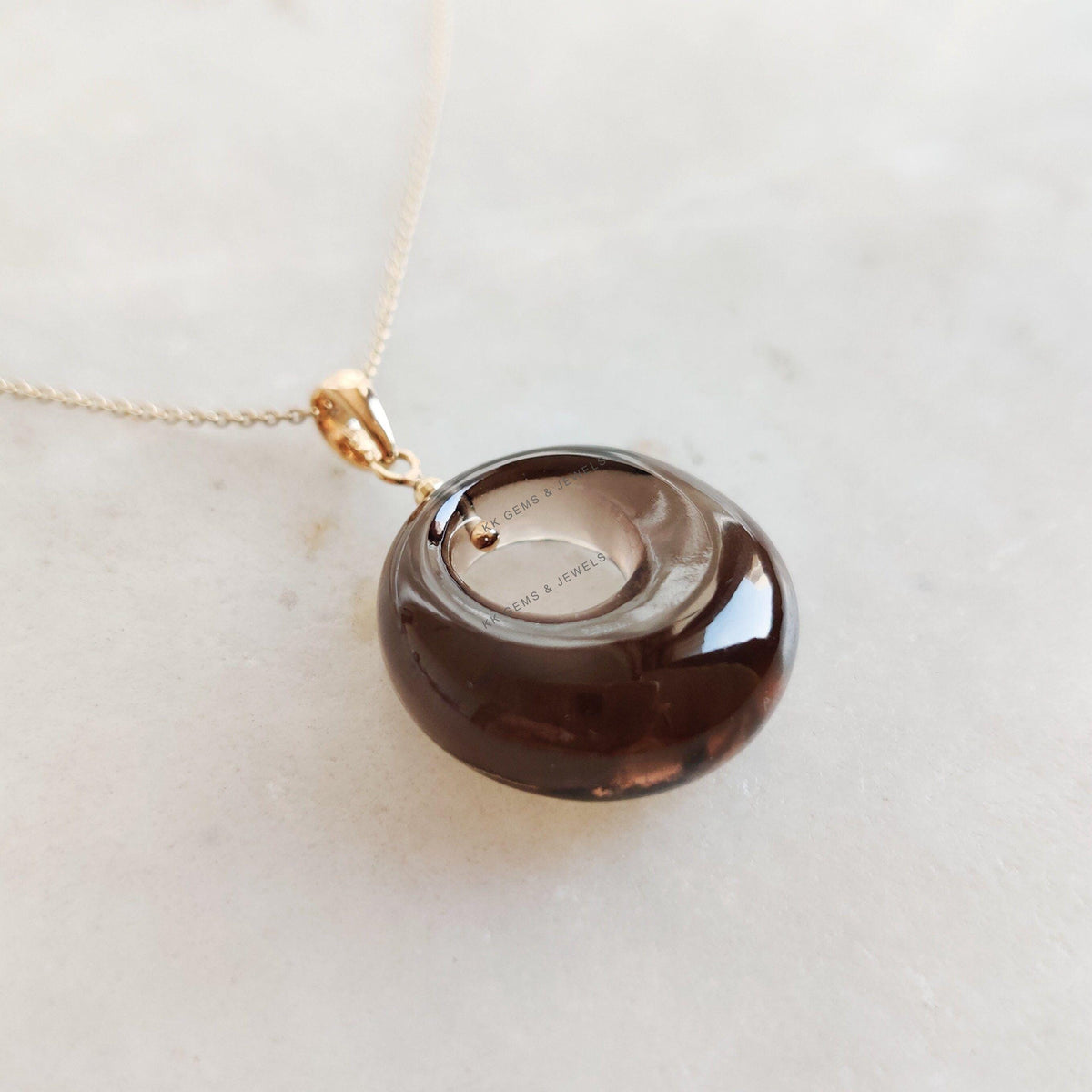 Natural Smoky Quartz Donut Drill Pendant, 14K Solid Yellow Gold, June Birthstone