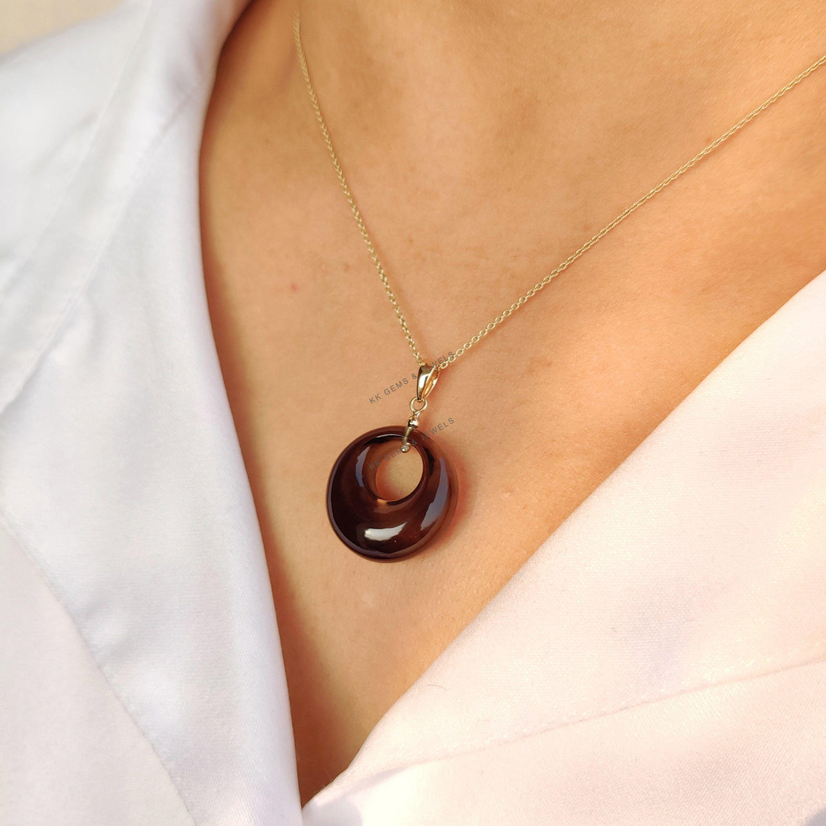 Natural Smoky Quartz Donut Drill Pendant, 14K Solid Yellow Gold, June Birthstone