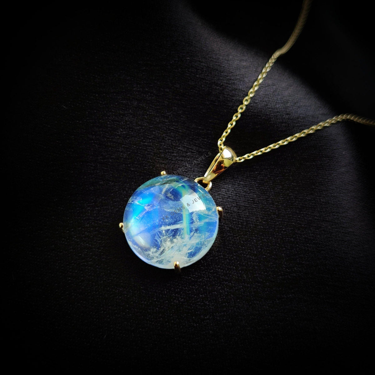 Natural Rainbow Moonstone 14K Solid Yellow Gold Pendant, June Birthstone