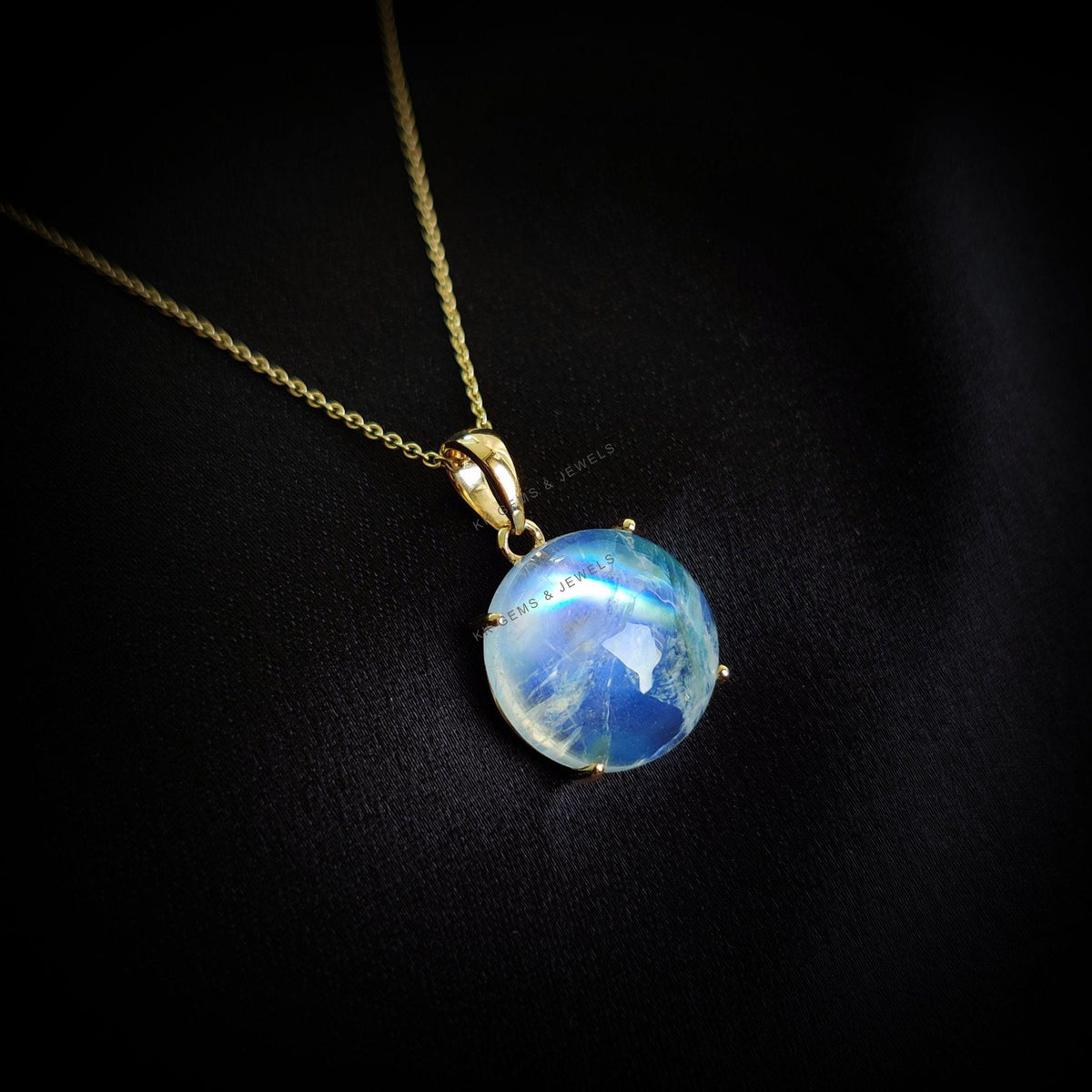 Natural Rainbow Moonstone 14K Solid Yellow Gold Pendant, June Birthstone