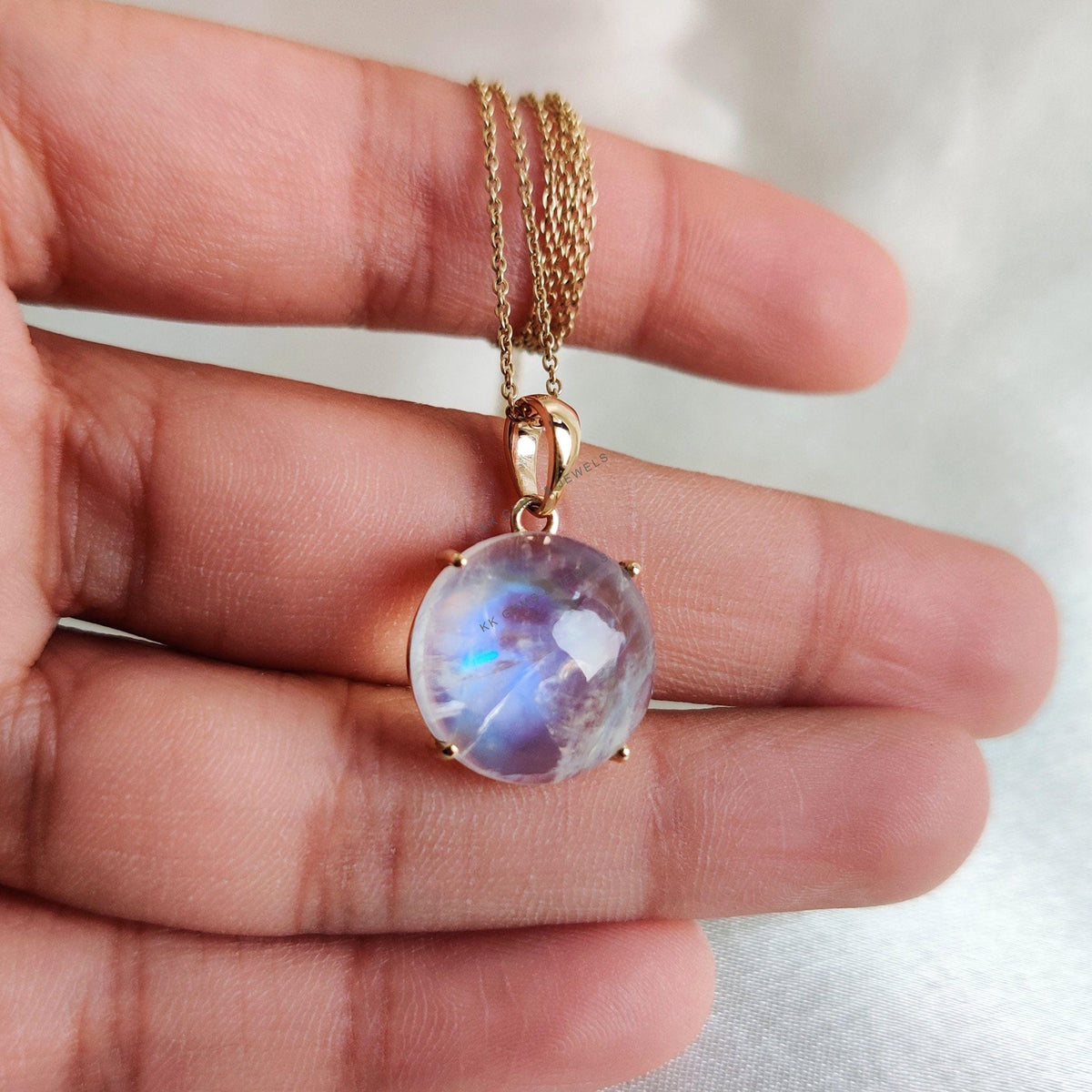 Natural Rainbow Moonstone 14K Solid Yellow Gold Pendant, June Birthstone