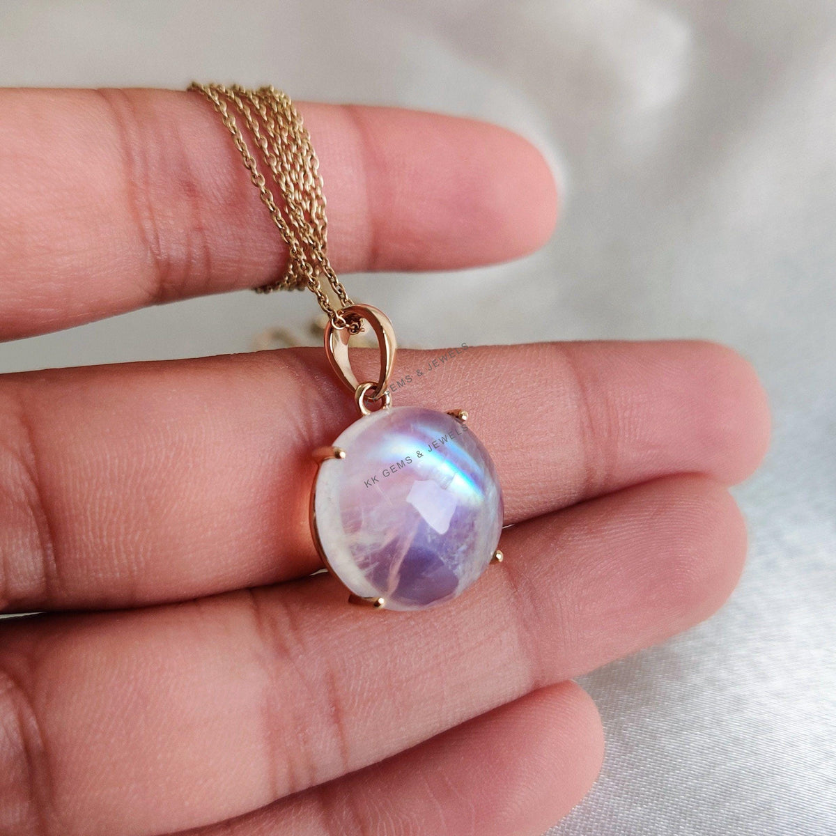 Natural Rainbow Moonstone 14K Solid Yellow Gold Pendant, June Birthstone