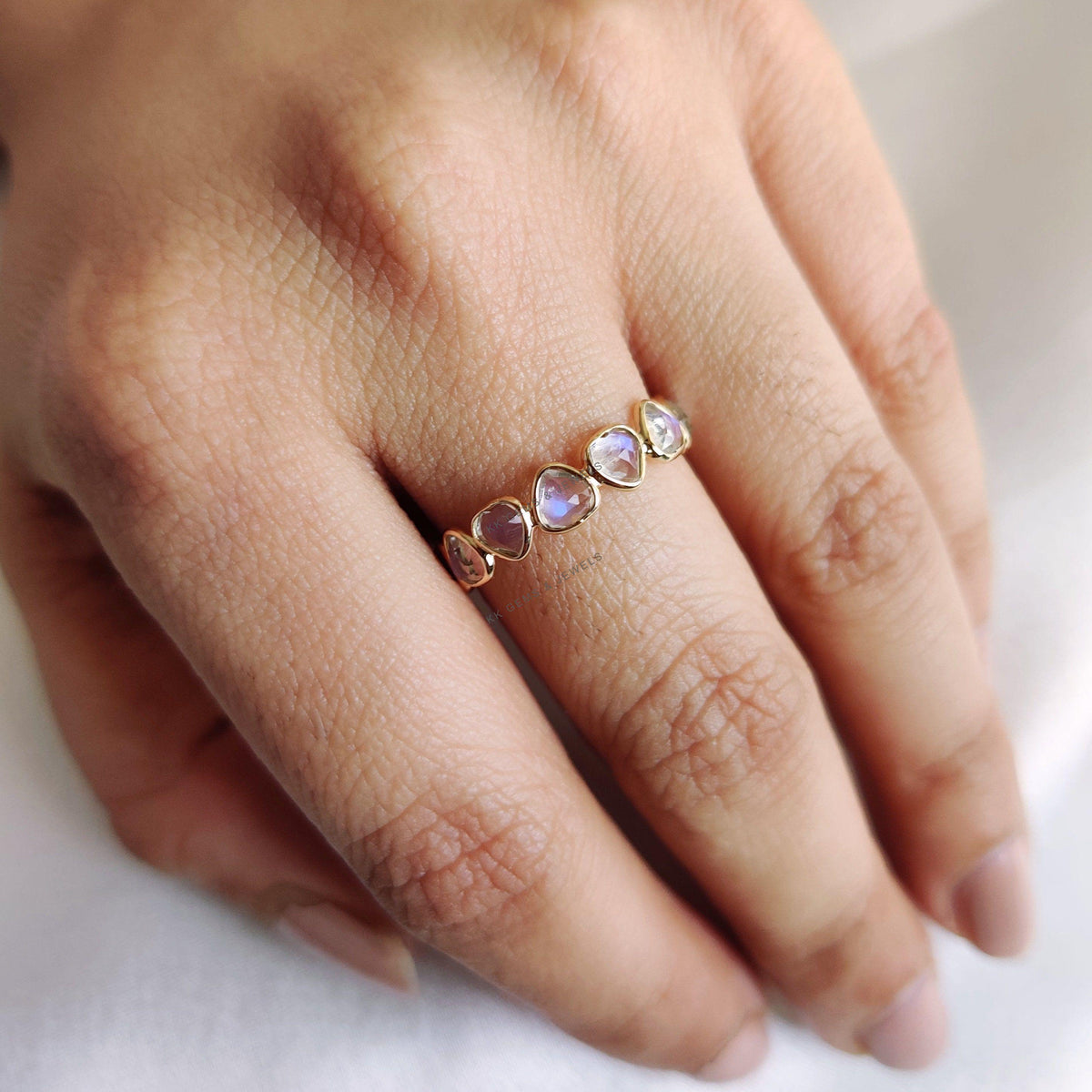 Natural Rainbow Moonstone Heart Ring, 14K Solid Yellow Gold Bezel Stackable Band, June Birthstone